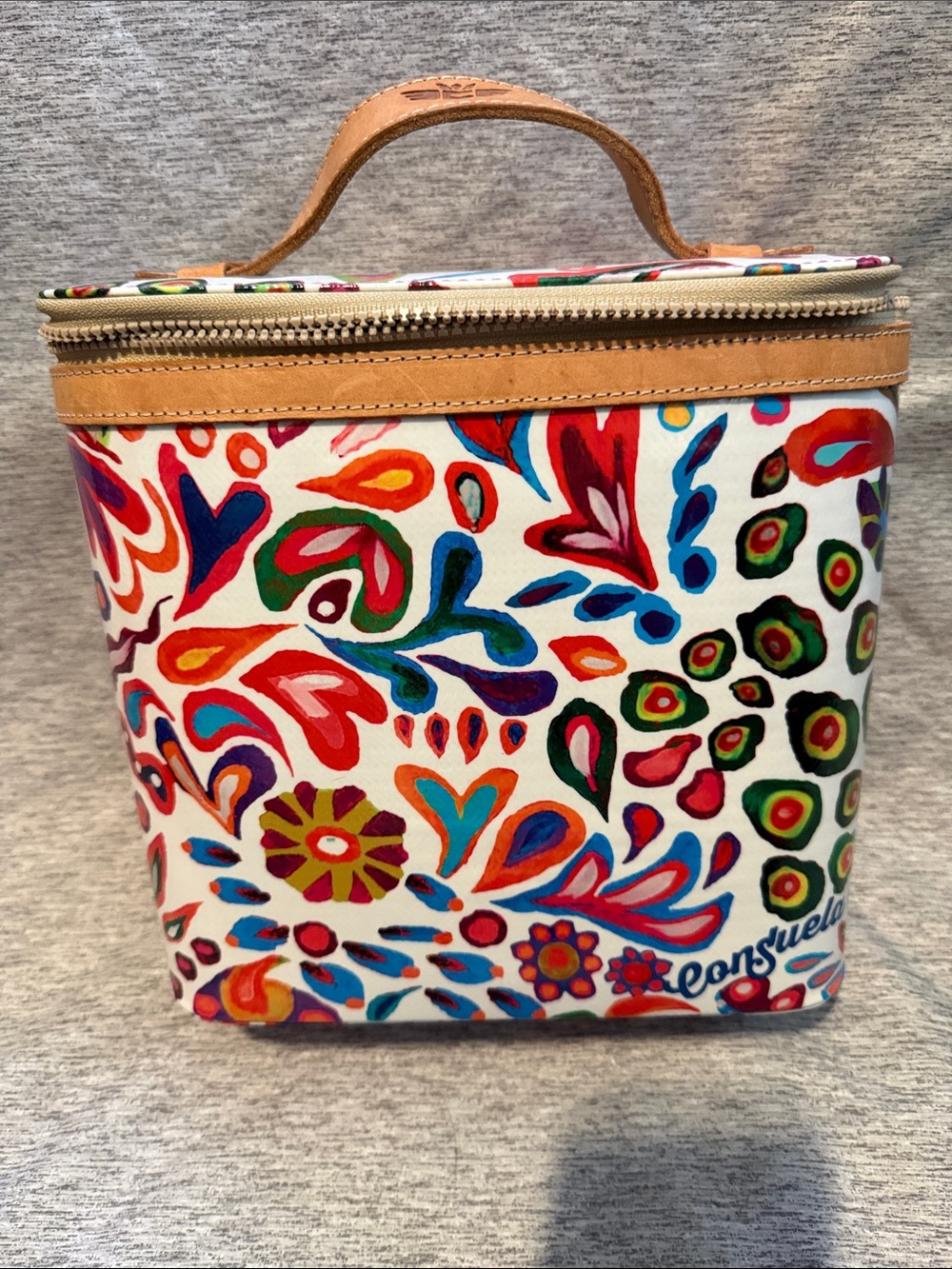 Consuela White Swirly Cosmetic Train Case with Tan Trim